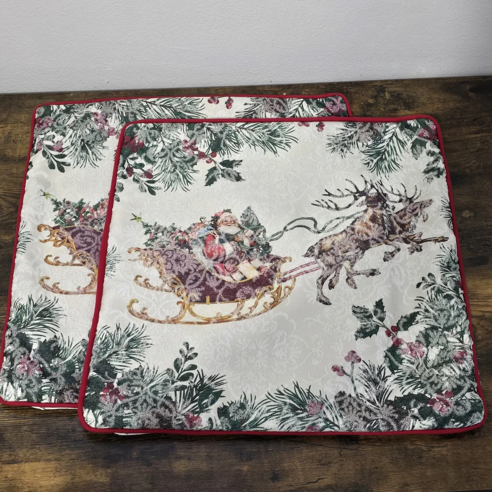 Woven Tapestry Christmas Santa Sleigh Reindeer Throw Pillow Covers Set 17x17